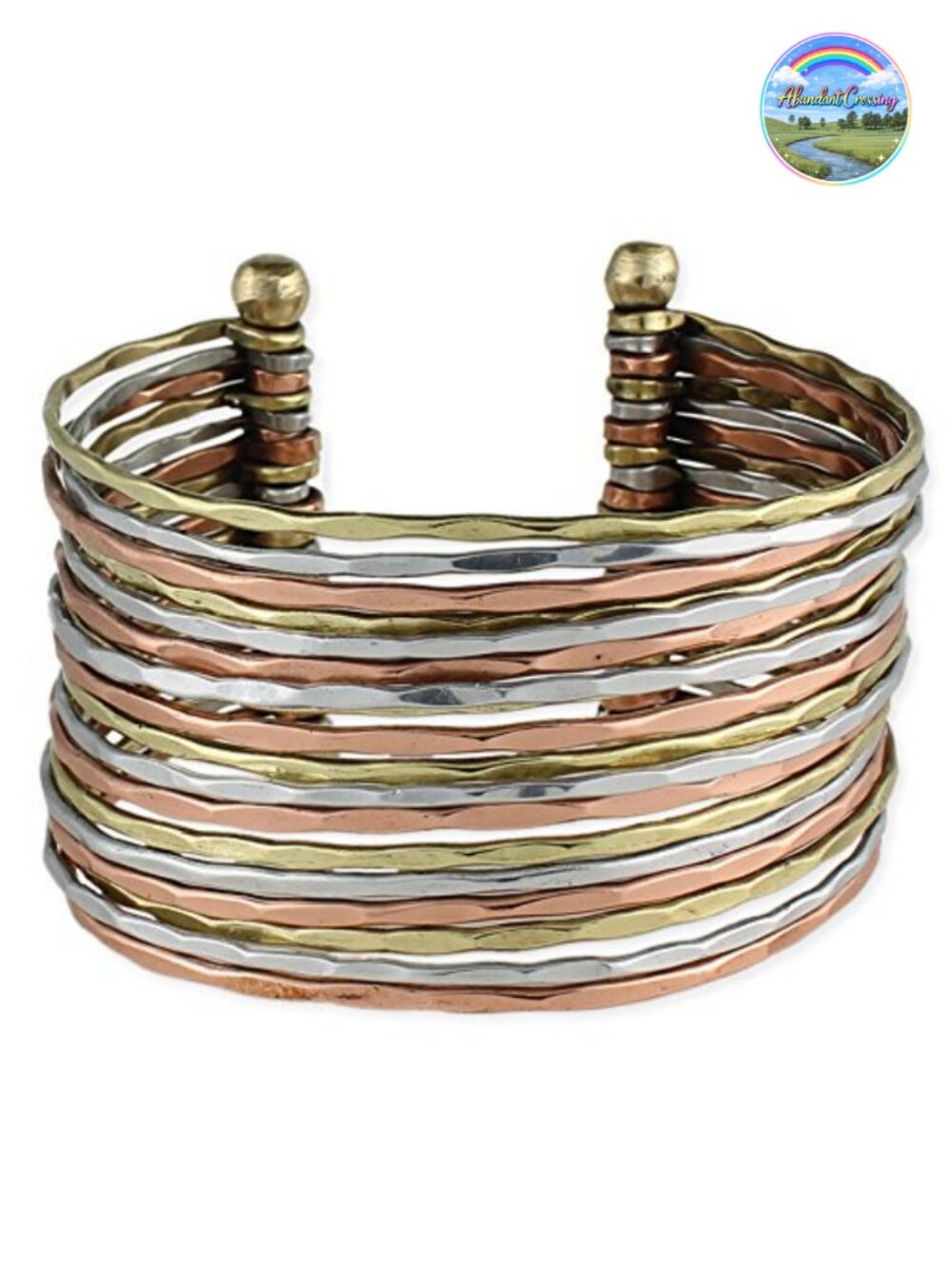 Hammered Mixed Metal Wide Cuff Bracelet Adjustable One Size Fits Most